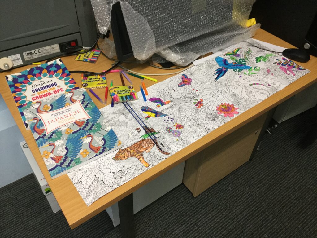 colouring book and poster area in lab